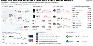 Business dashboard showing Asian stock market performance, oil prices, U.S. market close, AI semiconductor stocks, currency movements, and key market drivers on July 29, 2026.