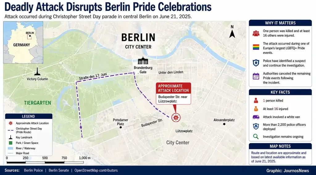 Map showing the approximate attack location during Berlin's Christopher Street Day Pride celebrations, highlighting the parade route, Tiergarten, and central Berlin landmarks.
