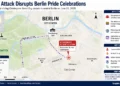 Map showing the approximate attack location during Berlin's Christopher Street Day Pride celebrations, highlighting the parade route, Tiergarten, and central Berlin landmarks.