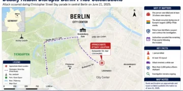 Map showing the approximate attack location during Berlin's Christopher Street Day Pride celebrations, highlighting the parade route, Tiergarten, and central Berlin landmarks.