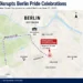 Map showing the approximate attack location during Berlin's Christopher Street Day Pride celebrations, highlighting the parade route, Tiergarten, and central Berlin landmarks.