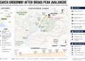 Locator map showing the reported avalanche site on Broad Peak, expedition route, high camps, rescue staging areas, and key locations in Pakistan's Karakoram Range.