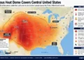 Map showing the dangerous heat dome covering the central United States, highlighting heat advisory areas, temperature anomalies, and affected regions.