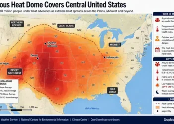 Map showing the dangerous heat dome covering the central United States, highlighting heat advisory areas, temperature anomalies, and affected regions.
