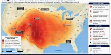 Map showing the dangerous heat dome covering the central United States, highlighting heat advisory areas, temperature anomalies, and affected regions.