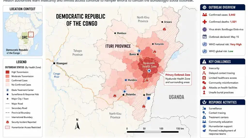 Disease outbreak map showing Ebola transmission zones, affected health areas, treatment centers, and response activities in Ituri Province, Democratic Republic of the Congo.