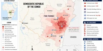 Disease outbreak map showing Ebola transmission zones, affected health areas, treatment centers, and response activities in Ituri Province, Democratic Republic of the Congo.