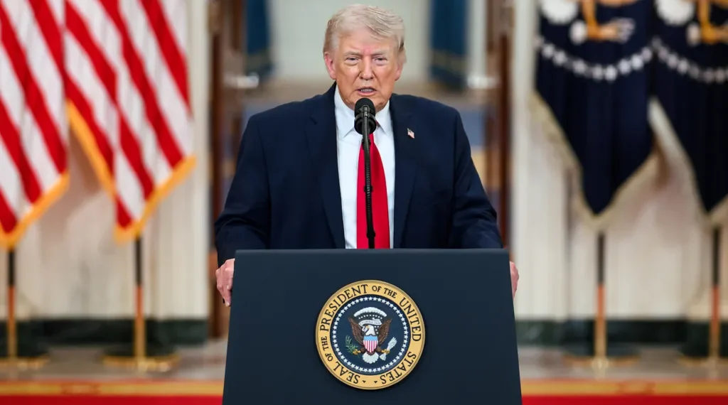 President Donald Trump delivers a televised address to the nation from the Cross Hall of the White House on April 1, 2026.