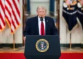President Donald Trump delivers a televised address to the nation from the Cross Hall of the White House on April 1, 2026.