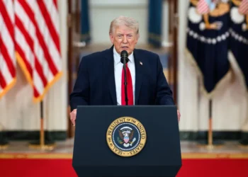 President Donald Trump delivers a televised address to the nation from the Cross Hall of the White House on April 1, 2026.