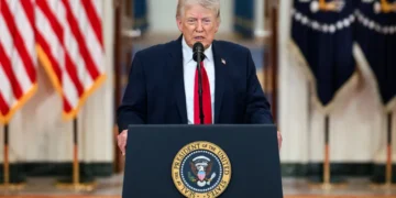President Donald Trump delivers a televised address to the nation from the Cross Hall of the White House on April 1, 2026.