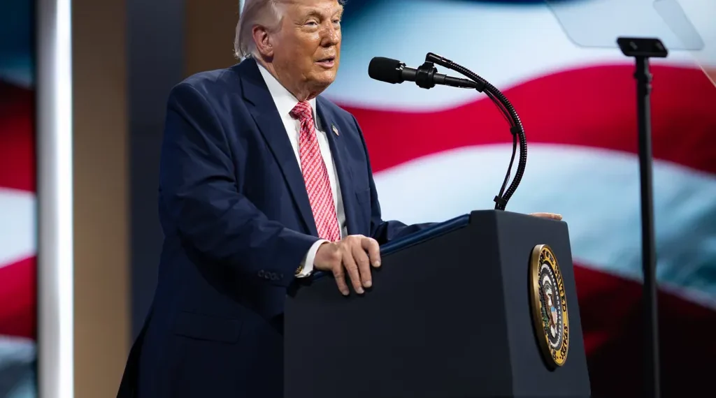President Donald Trump delivers remarks during the F11 PRIORITY Summit at the Faena Forum in Miami, Florida.