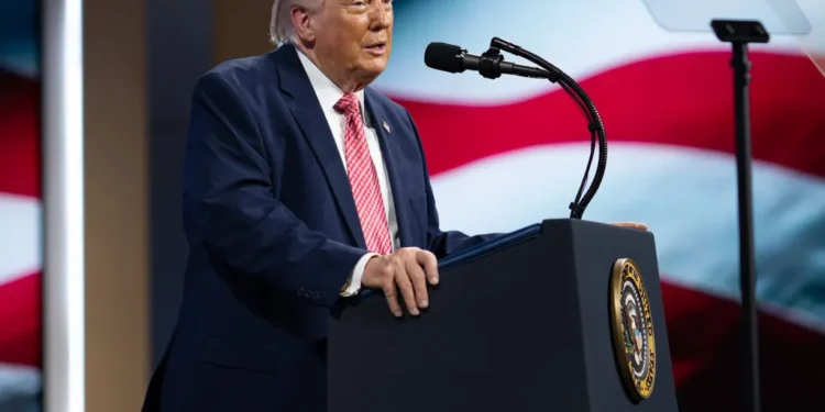President Donald Trump delivers remarks during the F11 PRIORITY Summit at the Faena Forum in Miami, Florida.