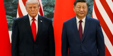 U.S. President Donald Trump and Chinese President Xi Jinping attend an official welcome ceremony in Beijing.