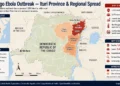 Locator map showing the Ebola outbreak centered in Ituri Province, Democratic Republic of the Congo, with affected provinces and neighboring countries.