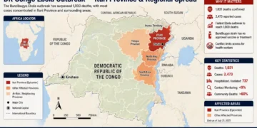 Locator map showing the Ebola outbreak centered in Ituri Province, Democratic Republic of the Congo, with affected provinces and neighboring countries.