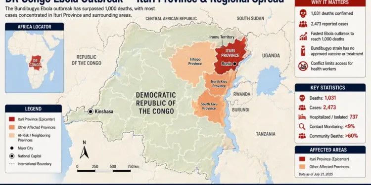 Locator map showing the Ebola outbreak centered in Ituri Province, Democratic Republic of the Congo, with affected provinces and neighboring countries.