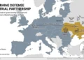 Map showing the EU–Ukraine defense industrial partnership between Brussels and Kyiv.
