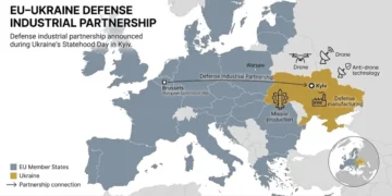 Map showing the EU–Ukraine defense industrial partnership between Brussels and Kyiv.