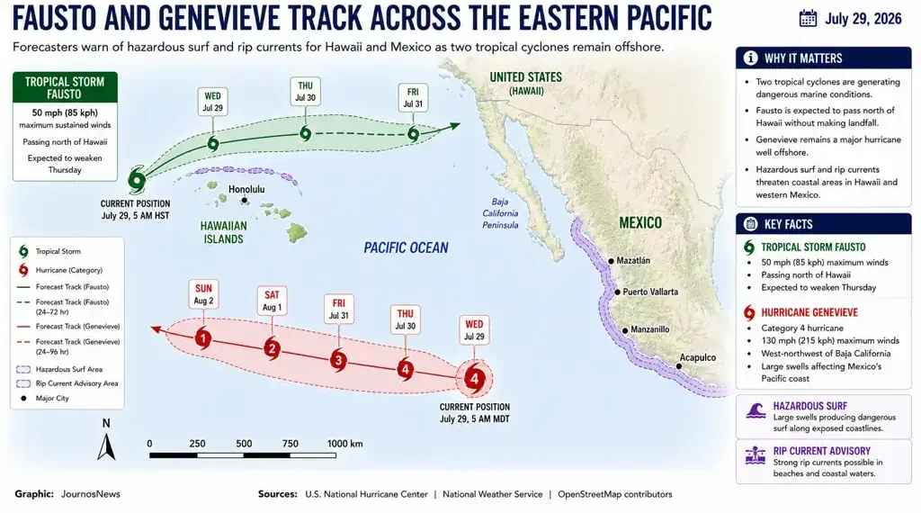 Editorial weather map showing the forecast tracks of Tropical Storm Fausto and Hurricane Genevieve across the eastern Pacific, including Hawaii, Mexico, and hazardous coastal surf areas.