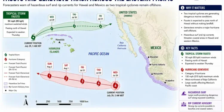 Editorial weather map showing the forecast tracks of Tropical Storm Fausto and Hurricane Genevieve across the eastern Pacific, including Hawaii, Mexico, and hazardous coastal surf areas.