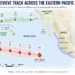 Editorial weather map showing the forecast tracks of Tropical Storm Fausto and Hurricane Genevieve across the eastern Pacific, including Hawaii, Mexico, and hazardous coastal surf areas.