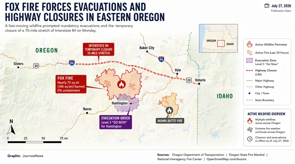 Map showing the Fox Fire in eastern Oregon, highlighting wildfire perimeters, evacuation zones, Interstate 84 closures, nearby communities, and surrounding road network.