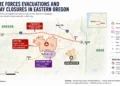 Map showing the Fox Fire in eastern Oregon, highlighting wildfire perimeters, evacuation zones, Interstate 84 closures, nearby communities, and surrounding road network.