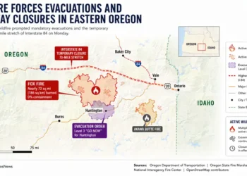 Map showing the Fox Fire in eastern Oregon, highlighting wildfire perimeters, evacuation zones, Interstate 84 closures, nearby communities, and surrounding road network.