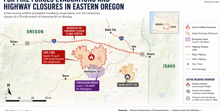 Map showing the Fox Fire in eastern Oregon, highlighting wildfire perimeters, evacuation zones, Interstate 84 closures, nearby communities, and surrounding road network.