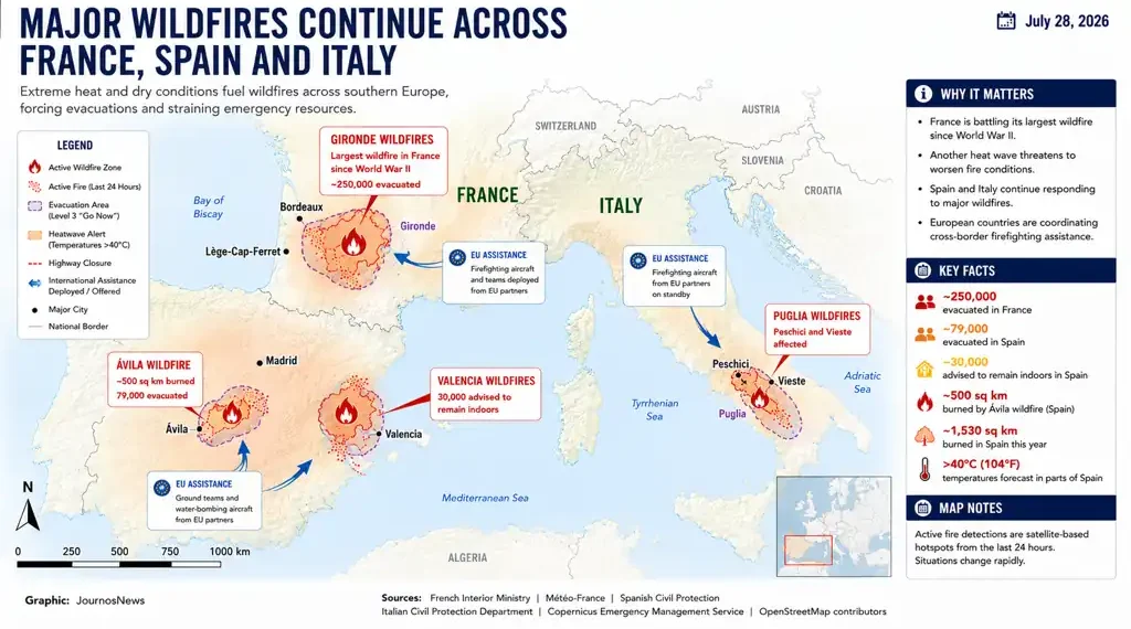 Map showing major wildfires across France, Spain, and Italy, highlighting active fire zones, evacuations, heat alerts, and European Union firefighting assistance.