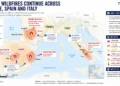 Map showing major wildfires across France, Spain, and Italy, highlighting active fire zones, evacuations, heat alerts, and European Union firefighting assistance.