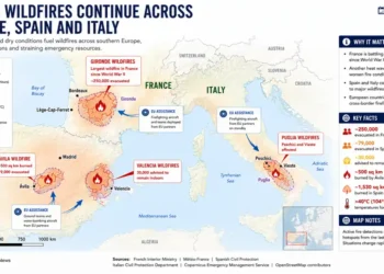 Map showing major wildfires across France, Spain, and Italy, highlighting active fire zones, evacuations, heat alerts, and European Union firefighting assistance.