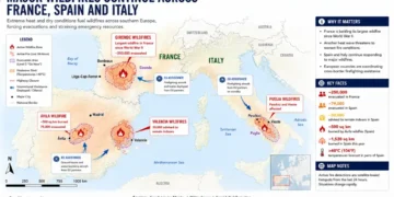 Map showing major wildfires across France, Spain, and Italy, highlighting active fire zones, evacuations, heat alerts, and European Union firefighting assistance.