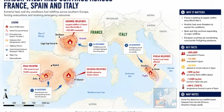 Map showing major wildfires across France, Spain, and Italy, highlighting active fire zones, evacuations, heat alerts, and European Union firefighting assistance.