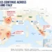 Map showing major wildfires across France, Spain, and Italy, highlighting active fire zones, evacuations, heat alerts, and European Union firefighting assistance.