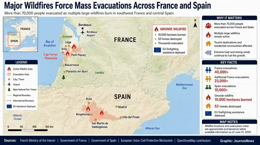 Locator map showing major wildfire zones, evacuation areas, and affected communities across southwest France and central Spain.