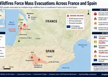 Locator map showing major wildfire zones, evacuation areas, and affected communities across southwest France and central Spain.