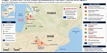 Locator map showing major wildfire zones, evacuation areas, and affected communities across southwest France and central Spain.