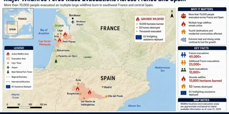 Locator map showing major wildfire zones, evacuation areas, and affected communities across southwest France and central Spain.