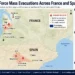 Locator map showing major wildfire zones, evacuation areas, and affected communities across southwest France and central Spain.