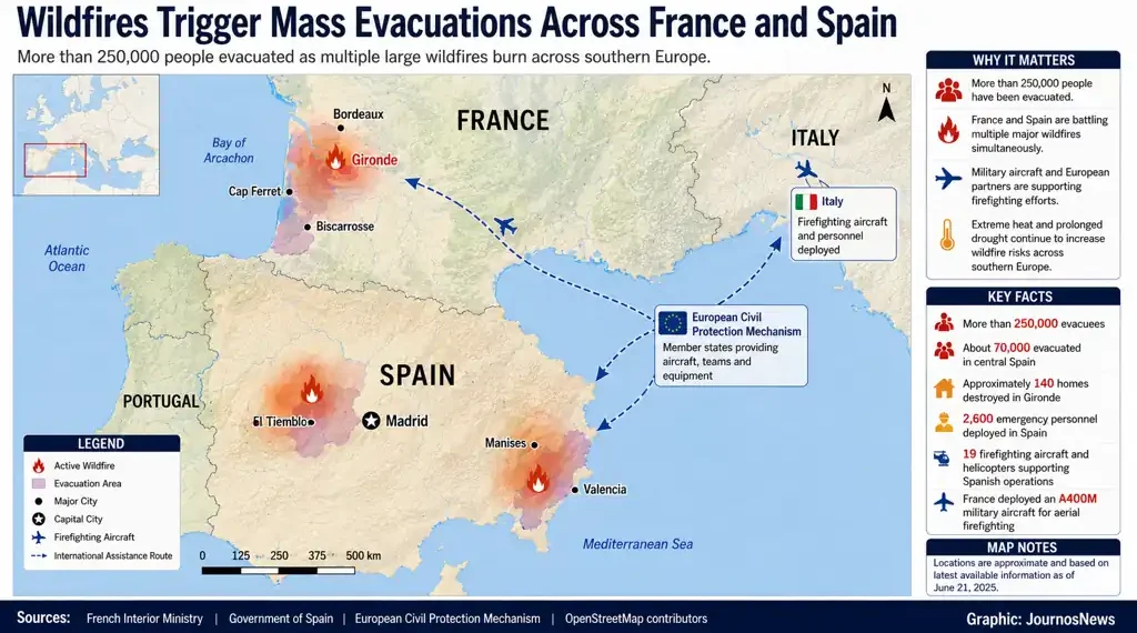 Map showing major wildfire zones, evacuation areas, and international firefighting assistance across France and Spain during widespread wildfires.