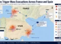 Map showing major wildfire zones, evacuation areas, and international firefighting assistance across France and Spain during widespread wildfires.