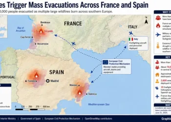 Map showing major wildfire zones, evacuation areas, and international firefighting assistance across France and Spain during widespread wildfires.