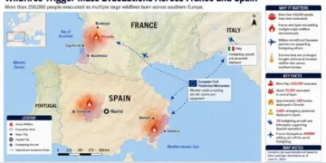 Map showing major wildfire zones, evacuation areas, and international firefighting assistance across France and Spain during widespread wildfires.