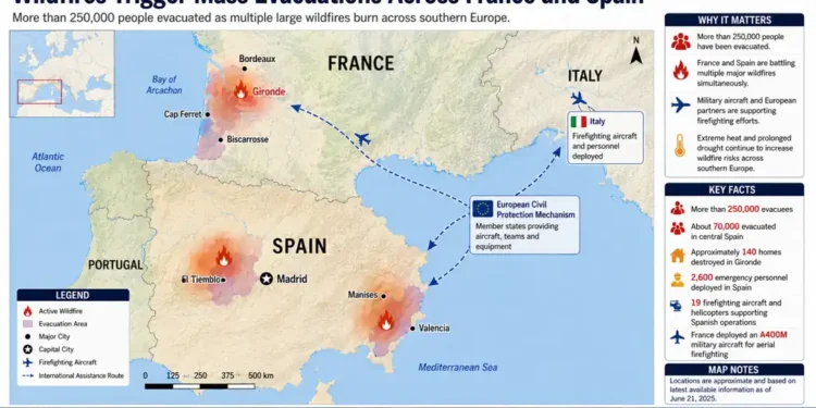Map showing major wildfire zones, evacuation areas, and international firefighting assistance across France and Spain during widespread wildfires.