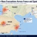 Map showing major wildfire zones, evacuation areas, and international firefighting assistance across France and Spain during widespread wildfires.