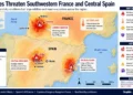 Map showing active wildfire zones, evacuation areas, and extreme heat conditions across southwestern France and central Spain.