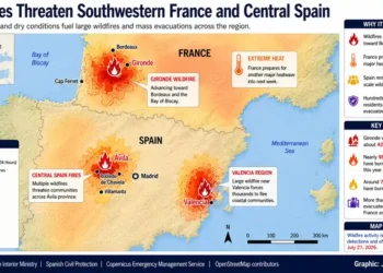 Map showing active wildfire zones, evacuation areas, and extreme heat conditions across southwestern France and central Spain.