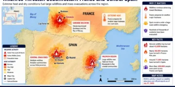 Map showing active wildfire zones, evacuation areas, and extreme heat conditions across southwestern France and central Spain.